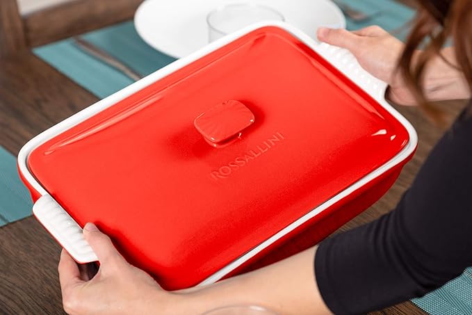 Stoneware Casserole Dish Bakeware Set with Lid, Covered Rectangular Dinnerware, Extra Large 4.23 Quart, 13 by 9 Inch, Rosso [Red]