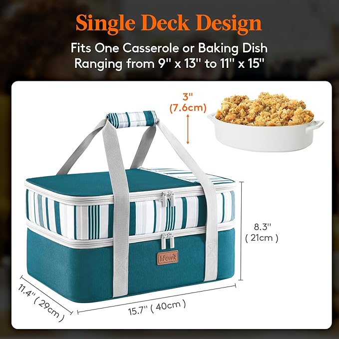 Lifewit Double Decker Insulated Casserole Carrier for Hot or Cold Food, Casserole Dish Carrying Case, Lasagna Holder for Potluck Parties Picnic Cookouts, Fits 9"x13" Baking Dish, Green