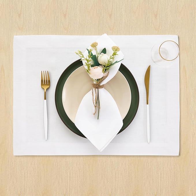 Solino Home Linen White Placemats Set of 4 - 100% Pure Linen Placemats 14 x 19 Inch for Winter, Valentines, Holiday, New Year - Fete