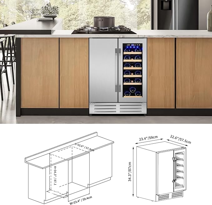 24 Inch Wine and Beverage Refrigerator, Dual Zone Wine Beverage Cooler, Built-in/Freestanding Beer and Wine Fridge with a Powerful Compressor, 20 Bottles and 88 Cans Capacity