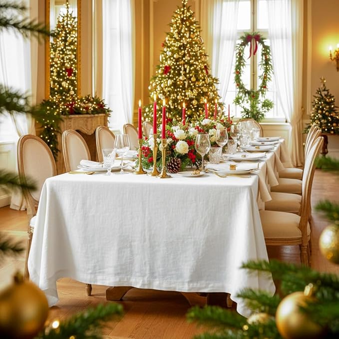D'Moksha Homes Linen White Tablecloth 60 x 102 Inch - 100% Pure Linen Rectangular Table Cloth - Machine Washable Tablecloth for Winter, Christmas, Holiday, New Year