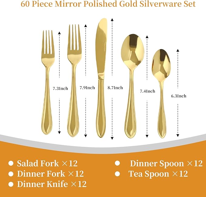 Gold Silverware Set, 60 Piece Flatware Cutlery Set for 12,18/0 Stainless Steel Utensils,Mirror Polished Modern Tableware for Home & Kitchen Dining Wedding, Party