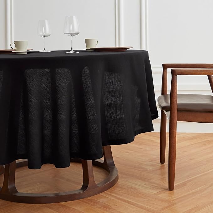 Solino Home Linen Round Tablecloth 70 Inch - 100% Pure Linen Black Round Tablecloth - Machine Washable Table Cloth for Winter, Holiday, New Year - Sonoma