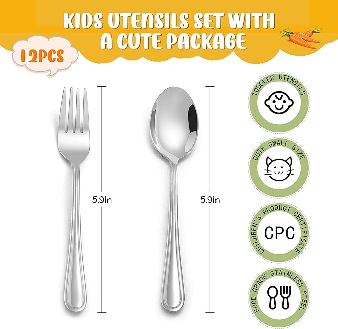 LIANYU 12-Piece Toddler Utensils, Stainless Steel Kids Silverware Set, 6 Kids Spoons and 6 Toddler Forks, Children Child Flatware Cutlery Set for Home Preschools, Dishwasher Safe