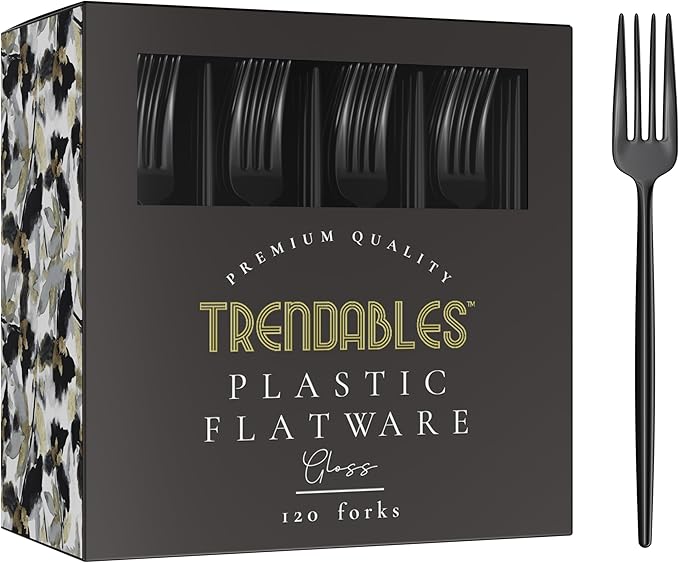 Trendables Disposable Black Plastic Cutlery Set - 120 Pack With Silverware, Forks