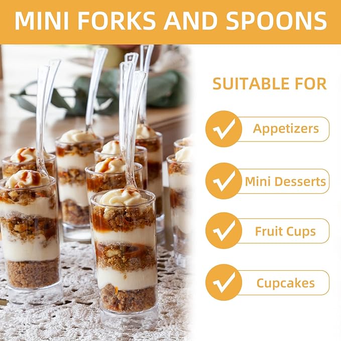 100 PCS 50 Clear Mini Forks And 50 Clear Mini Spoons 4 Inch Dessert Forks And Spoons, Dessert Fork and Spoon Disposable, BPA Free, Food Safe, Suitable for All Occasions