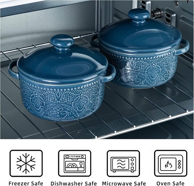 Mini Cocotte Set, 10 OZ Small Casserole Dishes with Lids, Ceramic Kitchen Casserole Sets With Handles, French Onion Soup Bowls, Soup Crocks for French Onion, Desserts, Beef Stew, Cereal, Pot Pies, Set of 4 (Blue)