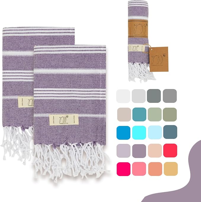 Hand Towels - Set of 2, 18" x 30" inches, Decorative Peshtemal Cotton Hand Towels for Kitchen, Bath, Guest, Face, Hair, Gym, Yoga, Dishcloth, Travel (Dark Lilac)