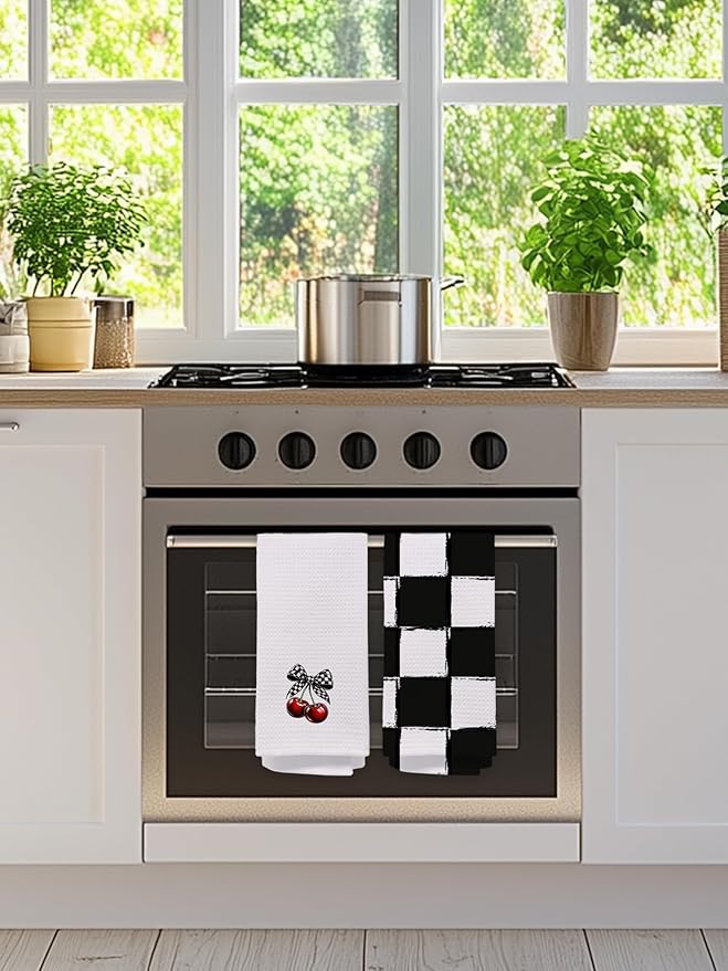 2 Pack Black and White Checkered Hand Towels for Bathroom - Retro Plaid Cherry Decorative Dish Tea Towels for Kitchen Decor, Cherry Gifts for Women, Housewarming Gift Idea