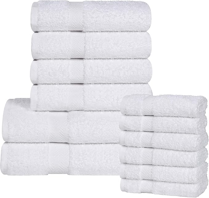 Superior 12-Piece Cotton Assorted Towel Set, Includes 6 Face/Washcloths, 4 Hand, and 2 Bath Towels, Lightweight Essentials, for Home, Gym, Beach, Bathroom, Quick Drying, Franklin Collection, White
