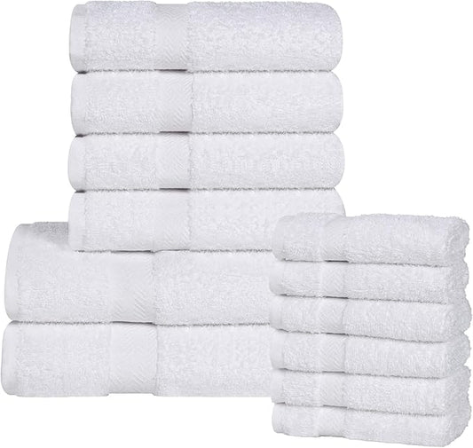Superior 12-Piece Cotton Assorted Towel Set, Includes 6 Face/Washcloths, 4 Hand, and 2 Bath Towels, Lightweight Essentials, for Home, Gym, Beach, Bathroom, Quick Drying, Franklin Collection, White