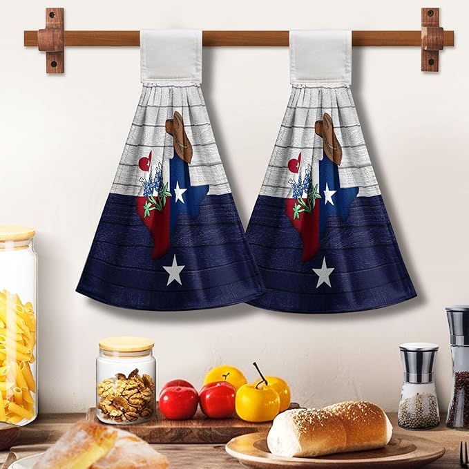 Texas Hanging Kitchen Towels Bluebonnet Navy Blue Gray Hand Tie Towel Texas Stars Dish Towels with Hanging Loop Soft Seasonal Decoration for Bathroom Kitchen