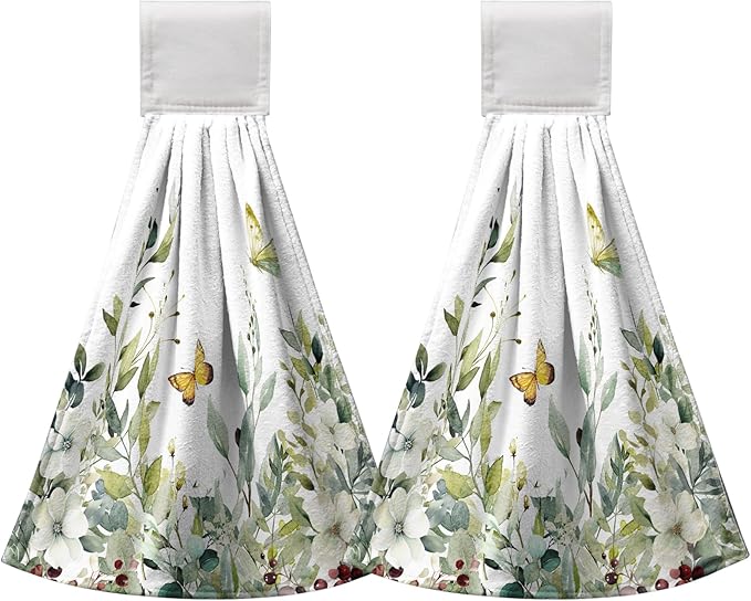 Sage Green Eucalyptus Hand Tie Towels Set of 2 Spring Summer Leaves Hanging Kitchen Towel 12 x 17 Inch Soft Absorbent Dish Towels with Hanging Loop for Kitchen Bathroom Hotel Gym