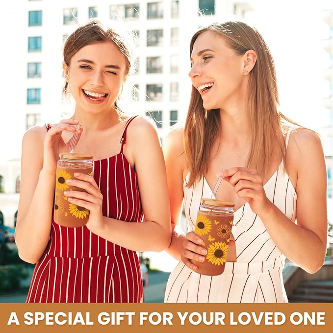 SANDJEST Sunflower Gifts for Women - Sunflower Cup 16 Oz Can Glass Coffee Cups with Bamboo Lid and Straw - Gift for Birthday
