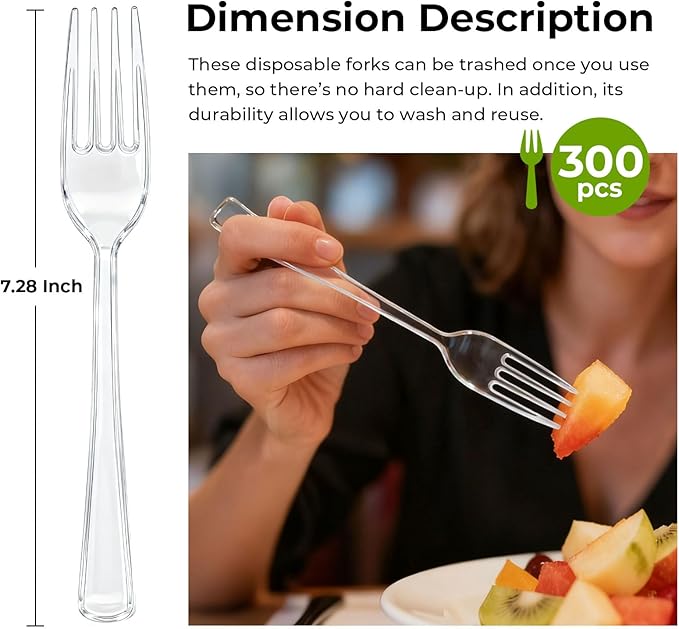 300 Count Clear Plastic Forks Disposable, Heavyweight Cutlery Sets Solid and Durable Plastic Silverware Utensils for Parties, Events and Everyday Use (Forks)