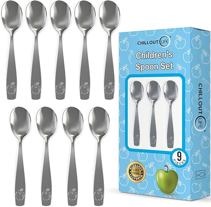 9 Piece Stainless Steel Kids Spoons - Child and Toddler Safe Flatware - Kids Utensil Set - Metal Kid Cutlery Set, Dinner Spoon Set for Dessert - Includes a Total of 9 Small Spoons