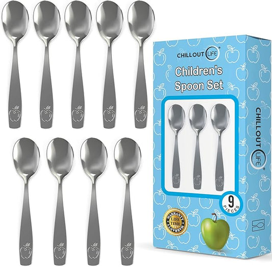 9 Piece Stainless Steel Kids Spoons - Child and Toddler Safe Flatware - Kids Utensil Set - Metal Kid Cutlery Set, Dinner Spoon Set for Dessert - Includes a Total of 9 Small Spoons