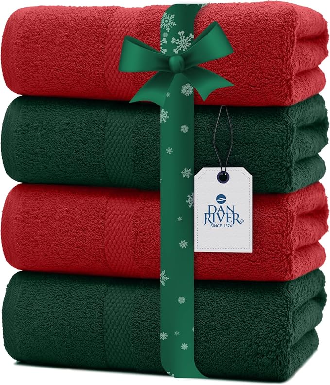 DAN RIVER Christmas Bath Towels Set of 4, 27 x 54 Inches for Your Loved Ones or a Festive Treat for Yourself. 100% Cotton, Larger & Lighter Weight, Ideal Black & Green Bath Towels.