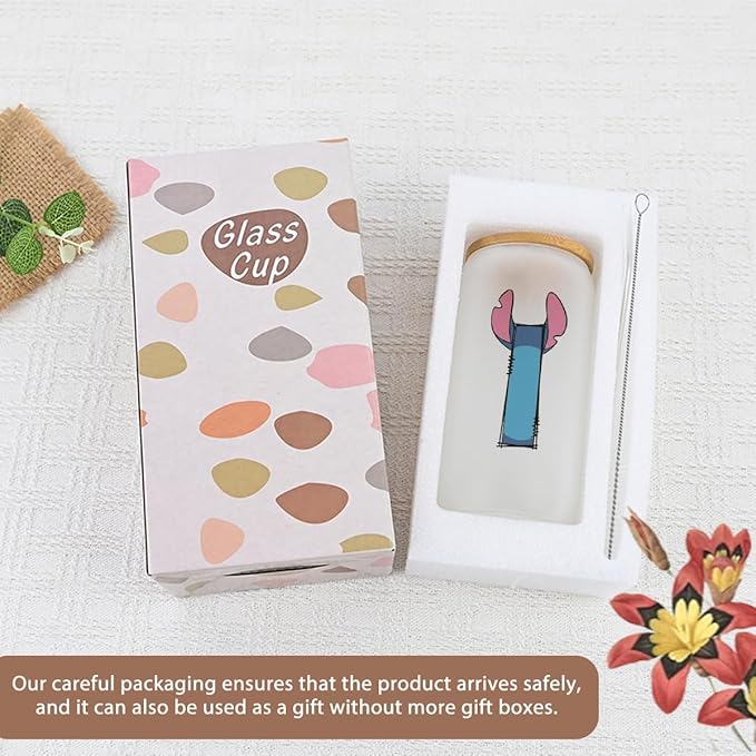 Cute Cartoon Lover Gifts Initial A-Z Personalized Iced Coffee Cup Cartoon Merch 16oz Glass Cup with Lid and Straws Birthday Christmas Gifts for Women Teen Girls Fans (Letter I)