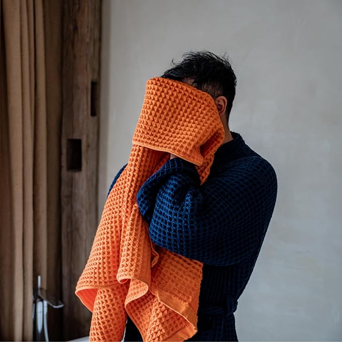 Luxury Organic Japanese Cotton Waffle Bath Towel | Thick, Absorbent, Quick Dry Bathroom Towels for Shower, Sauna, Onsen| Hotel & Spa Quality, Gift-Ready (Coral Orange, Hand Towel (3 Pack))