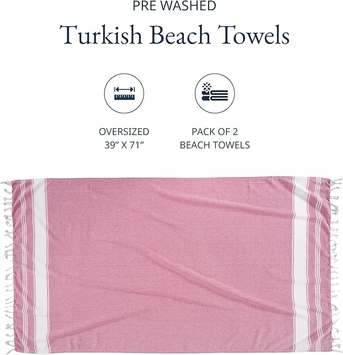 LANE LINEN Beach Towel 2 Pack - Beach Towels Oversized, Pre-Washed Large Beach Towels, Sandless Beach Towel, Quick Dry Travel Towel, Large Pool Towels, 39"x71" - Cashmere Rose