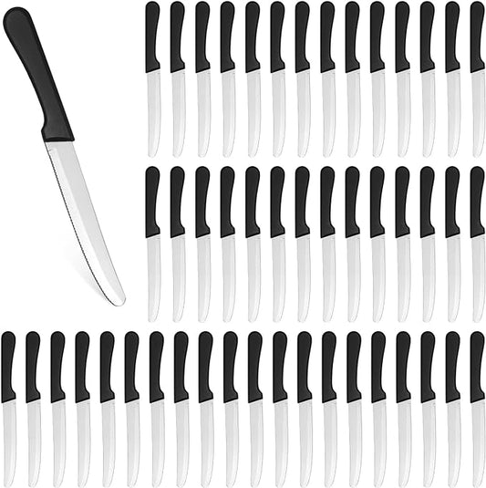 Geelin 50 Pieces 8.5 Inch Rounded Serrated Blade Steak Knives Stainless Steel Round Tip Blade Steak Knife with Plastic Handle for Kitchen Butter Cutlery Restaurant(Black)