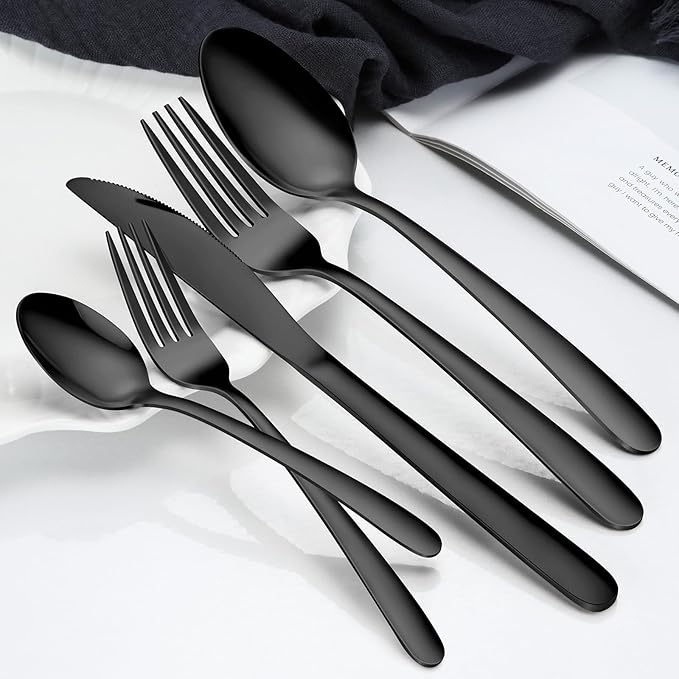 Black Silverware Set - 20PCS Stainless Steel Silverware Set for 4, Includes Forks Spoons and Knives, Utensil Sets for Home Kitchen Restaurant, Dishwasher Safe