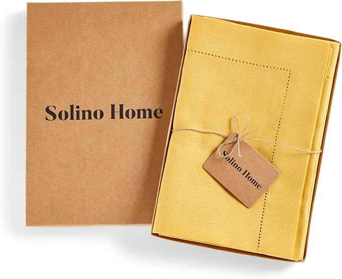 Solino Home Linen Cloth Napkins Set of 4-100% Pure Linen Marigold Yellow Dinner Napkins 20 x 20 Inch - Medium Weight Hemstitch, Handcrafted and Machine Washable