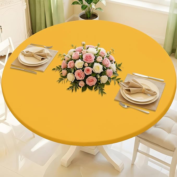 Round Spandex Tablecloth, Elastic Fitted Waterproof Tablecloths for 36"-44" Tables, Stretch Washable Picnic Table Cover for Camping, Dining, Indoor and Outdoor, Mustard Yellow