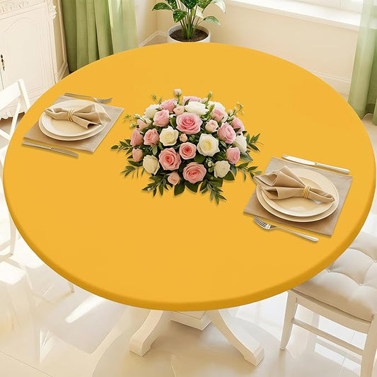 Round Spandex Tablecloth, Elastic Fitted Waterproof Tablecloths for 57"-68" Tables, Stretch Washable Picnic Table Cover for Camping, Dining, Indoor and Outdoor, Mustard Yellow