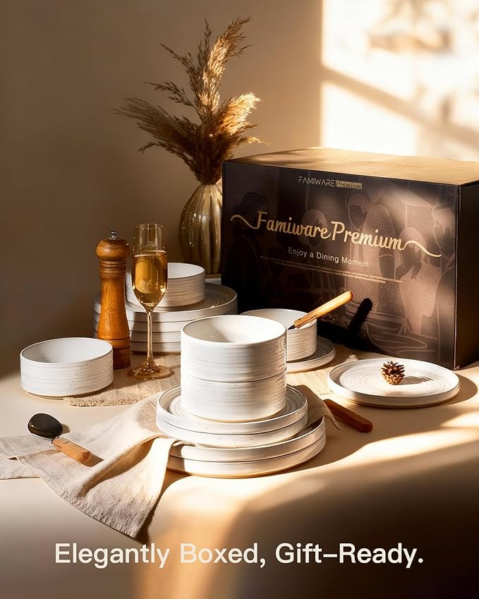 Stoneware Dinnerware Dishes Set for 8, 24 Pieces Spiral Plates and Bowls Sets with Straight Rim, Speckles & Reactive Glaze - Microwave and Dishwasher Safe, White