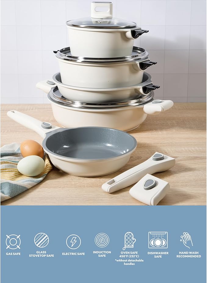 Sur La Table Kitchen Essentials 13 Piece Detachable Handle Pots and Pans Premium PFA Free Premium Ceramic Non Stick Induction Safe and Secure Removable Handle Cookware Set - Eggshell White
