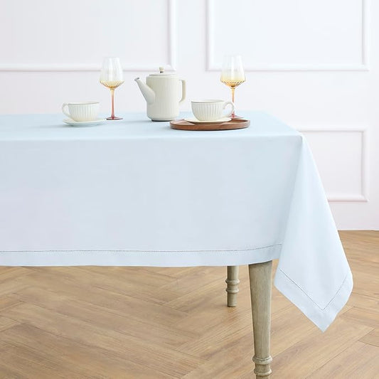 Solino Home Light Blue Tablecloth 58 x 120 Inch - Cotton Linen Hemstitch Rectangular Tablecloth - Machine Washable Table Cloth for New Year