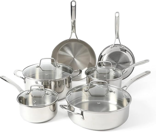 Martha Stewart Castelle 10 Piece 18/8 Durable Stainless Steel Induction Safe Non-Toxic Triply Bottom Kitchen Pots and Pans Cookware Set - Dishwasher Safe