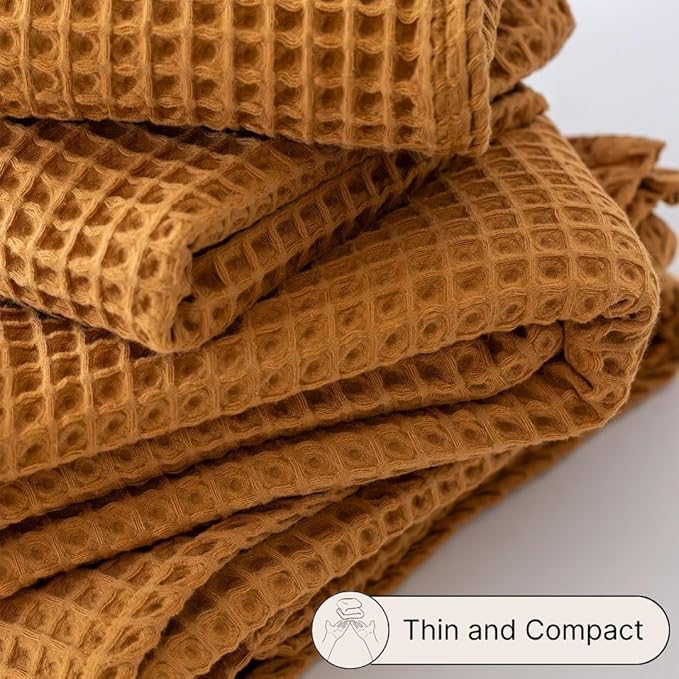 4-Piece Waffle Towels Set for Bathroom - Soft 100% Turkish Cotton Quick-Dry Lint-Free Waffle Weave Thin Bath and Hand Towels (Caramel, 2 Bath & 2 Hand Towel Set)