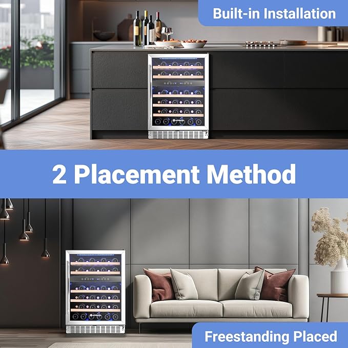 AAOBOSI 24 Inch Wine Fridge, 46 Bottles Wine Cooler with Dual Zone, Freestanding and Built-in Wine Refrigerator with Adjustable Shelves and Safety Lock, Double-Layer Glass Door, LED Light