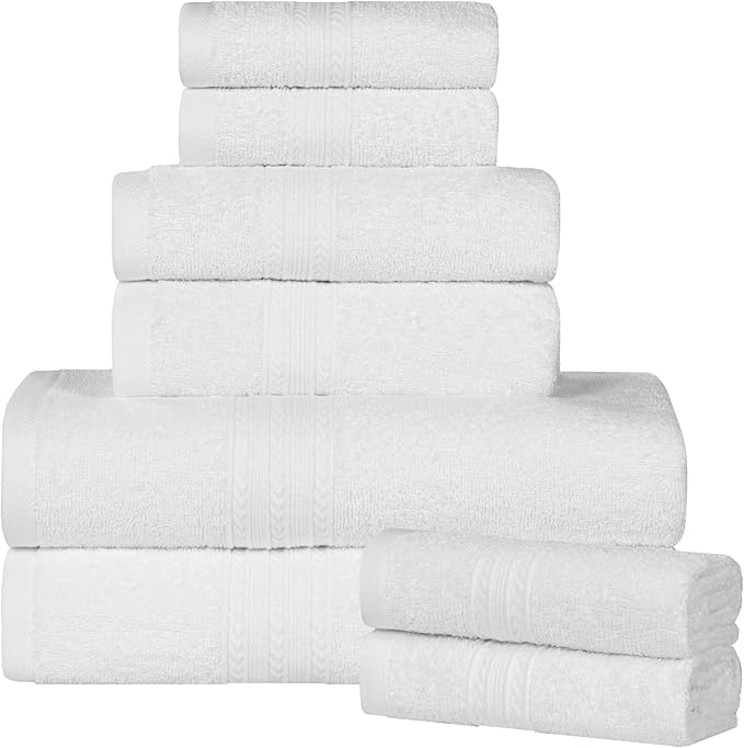 Superior Eco-Friendly Cotton 8-Piece Towel Set, Bathroom, Shower, Quick Dry Home Essentials, Lightweight, Sustainable Towels, 2 Bath, 2 Hand, 4 Face Towels, Washcloth, Highly Absorbent, White