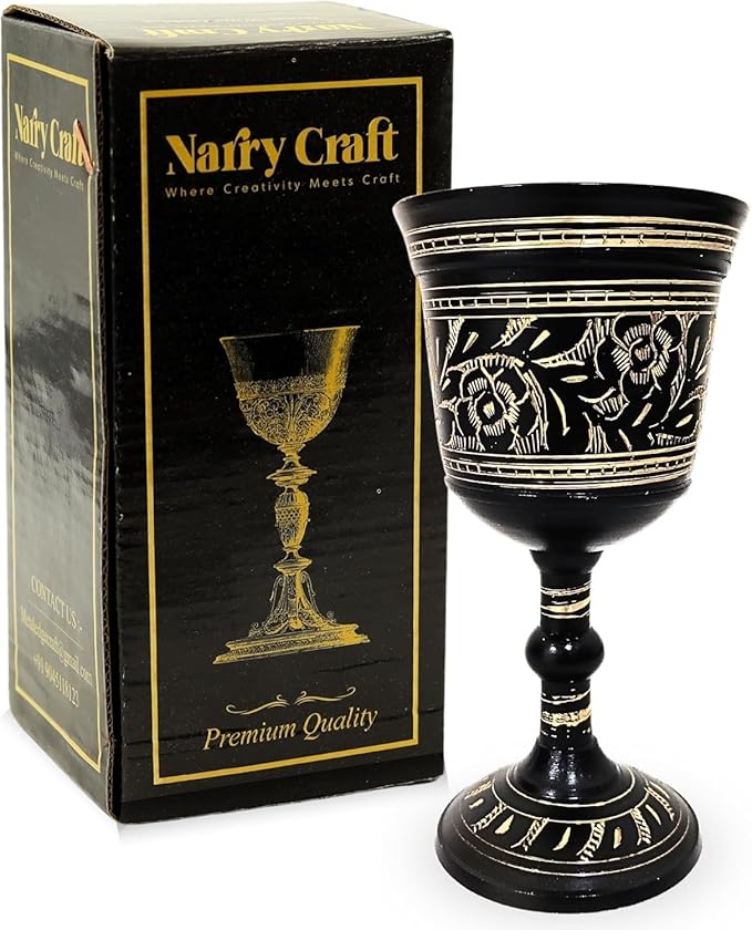 Solid Brass Vintage Chalic Goblet Medieval Handmade Decorative Wine Glass Communion Cup with Royal Embossed Design 1Pcs (Without Box, Floral Black)