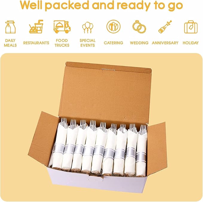 N9R 50 Pack Pre Rolled Silver Plastic Cutlery Set, 50 Forks, 50 Knives, 50 Spoons, 50 Napkins, Disposable Cutlery Set for Party and Wedding