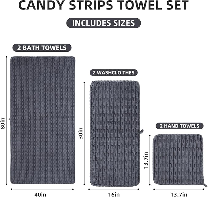 40x80 Inches Oversized Bath Sheets Extra Large Bath Towels Set of 6 for Adults Super Soft Quick Dry Lightweight Lint Free Absorbent Stripe Microfiber Shower Towels (Charcoal Grey, 6 Piece)