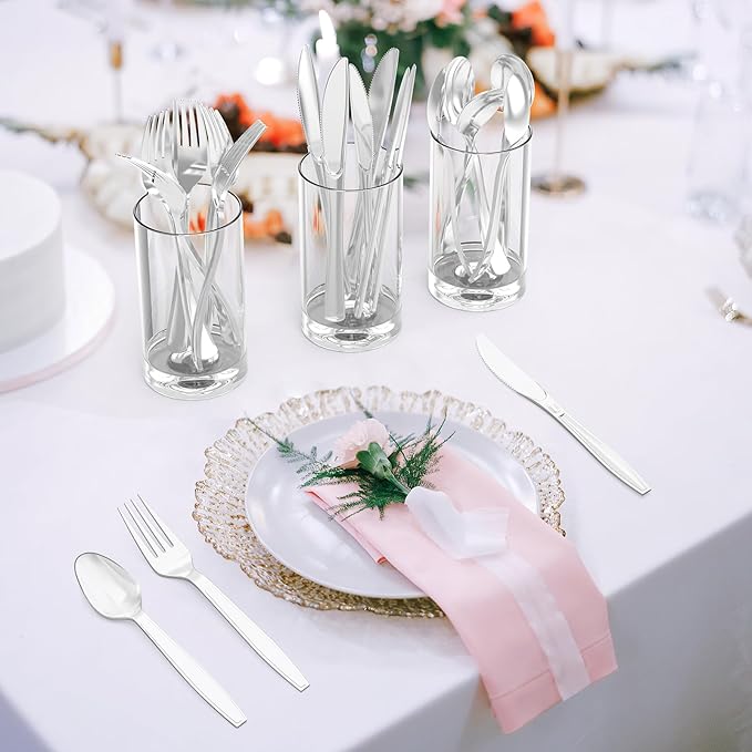 300 Count Extra Heavy Duty Silver Plastic Silverware, 100 Forks, 100 Spoons, 100 Knives, BPA-Free, Heat Resistant, Disposable Plastic Utensils Set, Plastic Cutlery Set, Plasticware Bulk