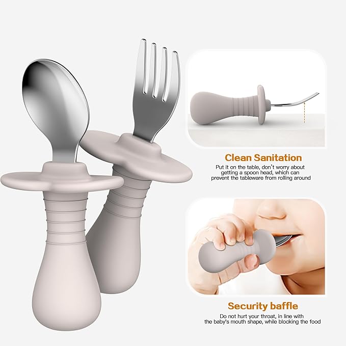 4 Pieces Toddler Utensils, Kids Silverware Set with Silicone Handle, 18/8 Stainless Steel Children Safe Forks and Spoons, BPA Free, Anti-Choke Design (Lite Blue, Grey)