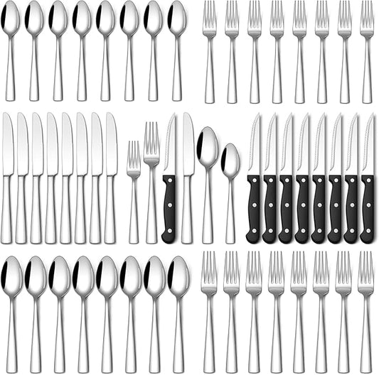 Stapava 48-Piece Silverware Set with Steak Knives, Food-Grade Stainless Steel Flatware Set for 8 Mirror Polished Cutlery Utensil Sets Include Forks Spoons and Knives Set Dishwasher Safe