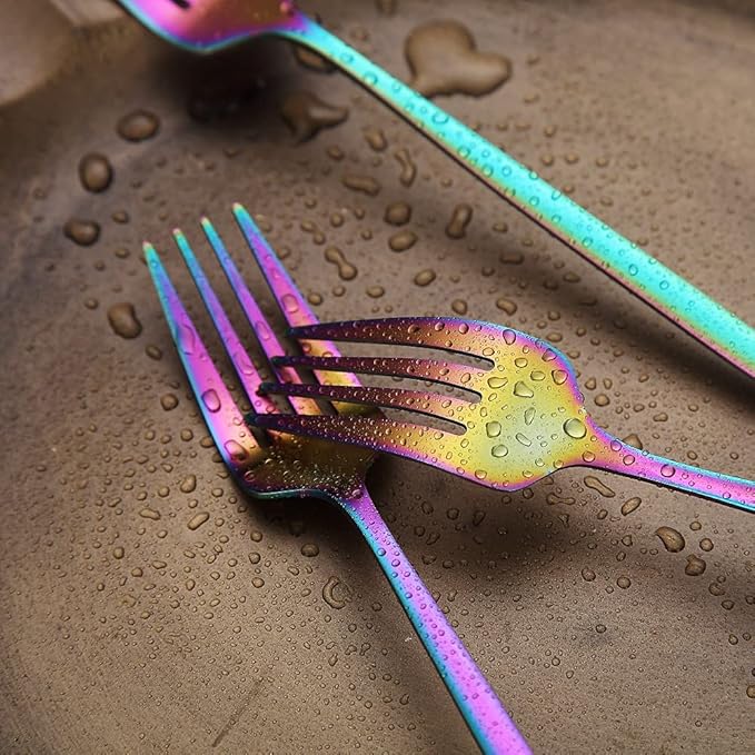Matt Rainbow 6 Piece Stainless Steel 8.4'' Dinner Forks - Silverware Set, Dessert, Table, Salad Forks - Dishwasher Safe