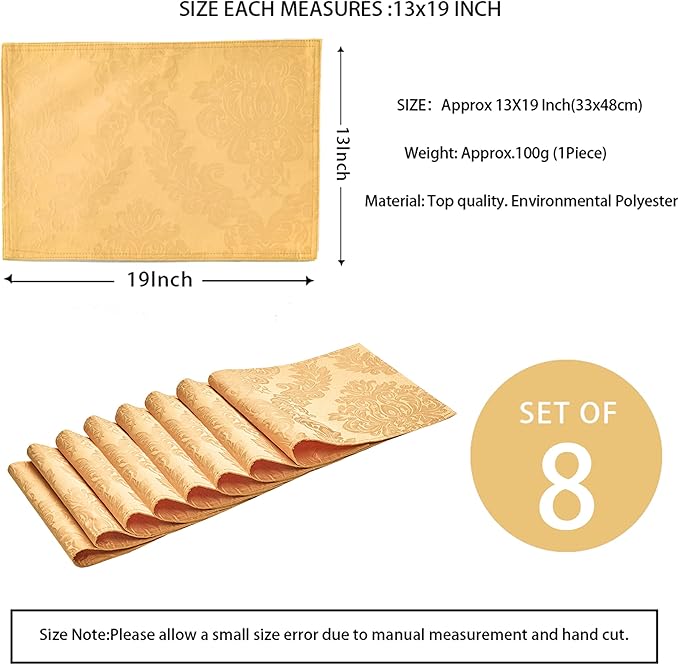 Place Mats Set of 8 – Rectangle Rectangular Waterproof Fabric Polyester Cloth Washable Wipeable Heat Resistant Placemats for Kitchen Dining Dinner Table Indoor 13 X 19 Inch Gold