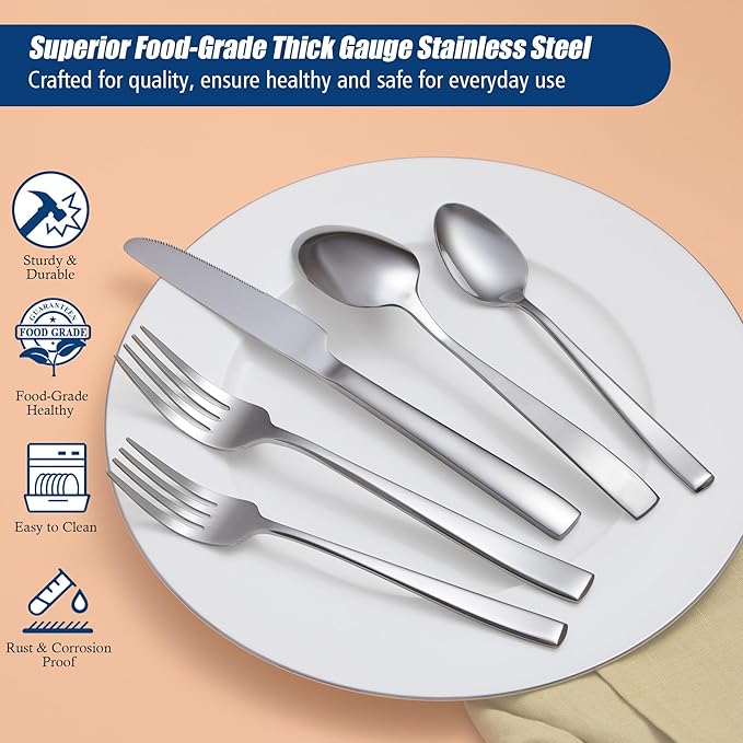 40 Piece Silverware Sets with Unique Handles, EIUBUIE Premium Stainless Steel Flatware Set for 8, Mirror Finished Kitchen Tableware Cutlery Rust Proof Dishwasher Safe Forks Spoons and Knives Set