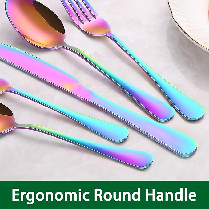 49-Pieces Colorful Rainbow Stainless Steel Silverware Sets With Organizer And Steak Knives,Knife Spoon And Fork Eating Utensils Sets For Ktichen,Multicolor Flatware Sets With Cutlery Tray