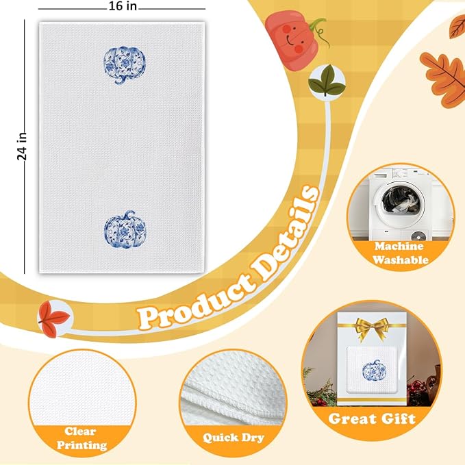 Fall Kitchen Towels Blue and White Pumpkin Kitchen Hand Towels, Chinoiserie Pumpkin Fall Decor Waffle Weave Dish Cloths 16x23.5 Inch, Farmhouse Autumn Thanksgiving Halloween Bathroom-C11