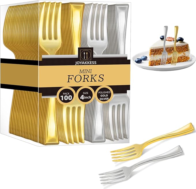 100 PCS Gold and Silver Mini Forks Heavy Duty, 4 inch Gold and Silver Plastic Fork, Mini Forks for Appetizers, Dessert Fork Disposable, BPA Free, Food Safe, Suitable for All Occasions