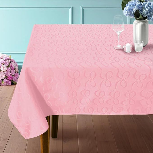 Pink Tablecloth Fabric (1PC, 60"x102"), 6ft Table Cover (8-10 Seat) - Cotton Polyester, Wrinkle/Fade Resistant, Reusable & Washable, Jacquard Table Cloth for Banquet, Birthday & Wedding, Bows Pattern
